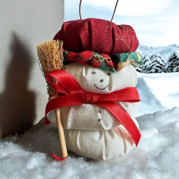 Vintage Handcrafted Fabric Snowman Ornament With Hat & Broom White Red Green 4" - Picture 1 of 8